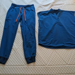 Figs scrubs set - Caribbean blue with orange tie